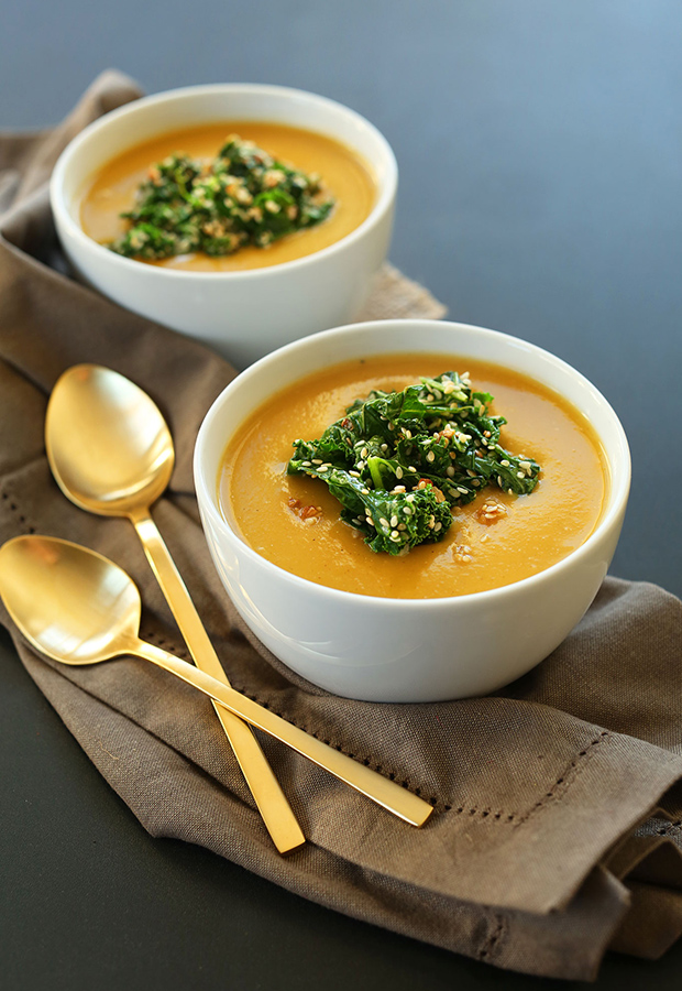 Simple Pumpkin Soup with Sesame Kale Topping